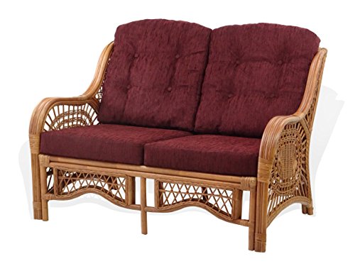 Malibu Lounge Loveseat Sofa Natural Rattan Wicker Handmade Design with Dark Brown Cushions, Colonial