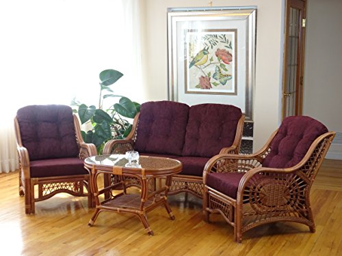 Malibu Lounge Loveseat Sofa Natural Rattan Wicker Handmade Design with Dark Brown Cushions, Colonial