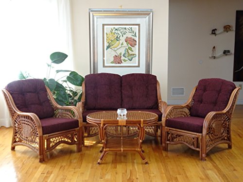 Malibu Lounge Loveseat Sofa Natural Rattan Wicker Handmade Design with Dark Brown Cushions, Colonial