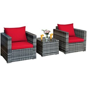 sawqf 3 pc patio rattan furniture bistro set cushioned sofa chair table red