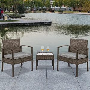 SAWQF in Stock 3 Piece Patio Furniture Set Wicker Rattan Outdoor Patio Conversation Set 2 Cushioned Chairs & End Table