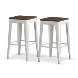 mjkone 26.4” square metal bar stool,indoor outdoor stackable barstools,modern industrial top bar stools set of 2(white)