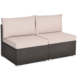 tangkula 2 pcs outdoor wicker armless sofa, patio rattan sectional sofa set w/2 thick seat cushions and 2 back cushions, additional seats for balcony garden patio poolside (brown)