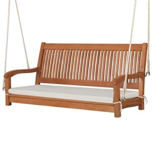 tangkula 2 person hanging porch swing, outdoor bench swing with chains, high back, cozy armrests, heavy duty 800lbs wooden hanging swing chair with cushion for backyard, deck, garden