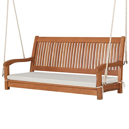 Tangkula 2 Person Hanging Porch Swing, Outdoor Bench Swing with Chains, High Back, Cozy Armrests, Heavy Duty 800Lbs Wooden Hanging Swing Chair with Cushion for Backyard, Deck, Garden