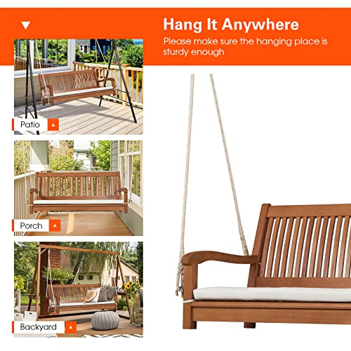 Tangkula 2 Person Hanging Porch Swing, Outdoor Bench Swing with Chains, High Back, Cozy Armrests, Heavy Duty 800Lbs Wooden Hanging Swing Chair with Cushion for Backyard, Deck, Garden