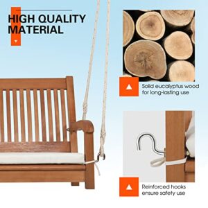 Tangkula 2 Person Hanging Porch Swing, Outdoor Bench Swing with Chains, High Back, Cozy Armrests, Heavy Duty 800Lbs Wooden Hanging Swing Chair with Cushion for Backyard, Deck, Garden