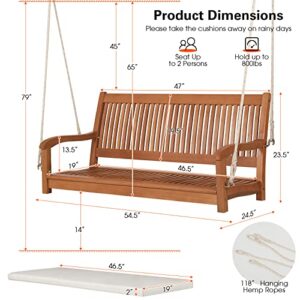 Tangkula 2 Person Hanging Porch Swing, Outdoor Bench Swing with Chains, High Back, Cozy Armrests, Heavy Duty 800Lbs Wooden Hanging Swing Chair with Cushion for Backyard, Deck, Garden