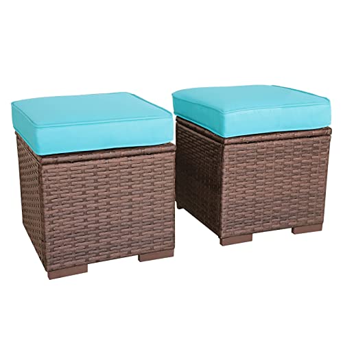 OC Orange-Casual Patio Ottoman Outdoor Footstools Small Footrest Seat w/Removable Cushions (Blue)