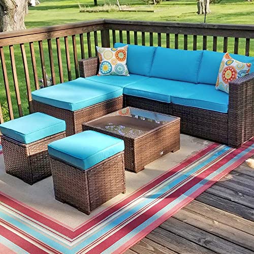 OC Orange-Casual Patio Ottoman Outdoor Footstools Small Footrest Seat w/Removable Cushions (Blue)