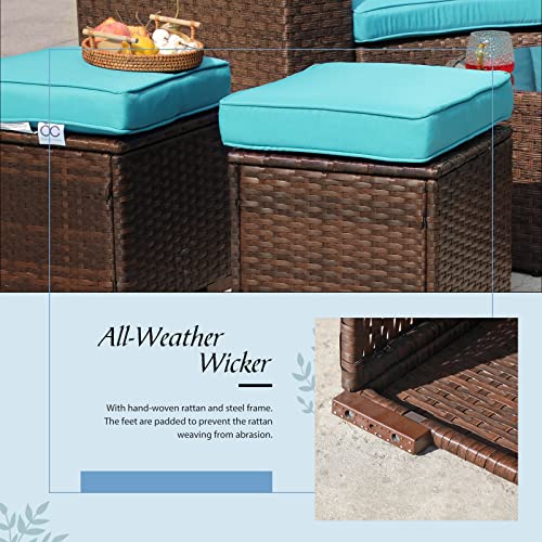 OC Orange-Casual Patio Ottoman Outdoor Footstools Small Footrest Seat w/Removable Cushions (Blue)