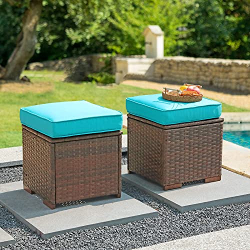 OC Orange-Casual Patio Ottoman Outdoor Footstools Small Footrest Seat w/Removable Cushions (Blue)