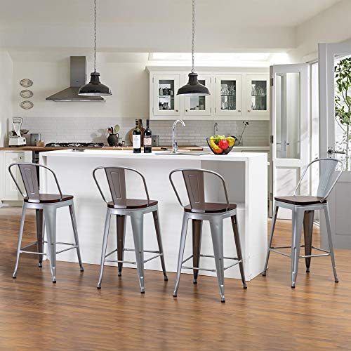 Andeworld Metal Bar Stools Counter Height Stools Dining Chairs High Back Industrial Barstools Set of 4 (30inch,Silver)