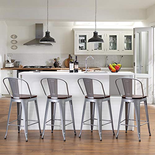 Andeworld Metal Bar Stools Counter Height Stools Dining Chairs High Back Industrial Barstools Set of 4 (30inch,Silver)