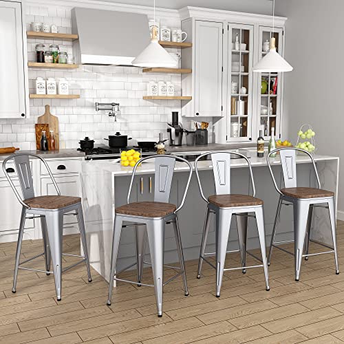 Andeworld Metal Bar Stools Counter Height Stools Dining Chairs High Back Industrial Barstools Set of 4 (30inch,Silver)