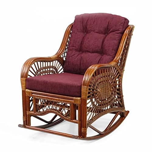 SunBear Furniture Rocking Malibu Lounge Chair ECO Natural Rattan Wicker Handmade Cognac (Light Brown Color) with Dark Brown Cushion (MR-MLBW)