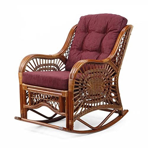 SunBear Furniture Rocking Malibu Lounge Chair ECO Natural Rattan Wicker Handmade Cognac (Light Brown Color) with Dark Brown Cushion (MR-MLBW)