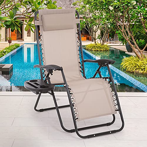 FDW Zero Gravity Chair,Zero Gravity Lounge Chair,1 Pack Folding Lawn Chair Adjustable Reclining Patio Chairs with Pillow and Side Table for Pool Yard with Cup Holder (Tan)