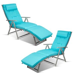 tangkula 2 pcs outdoor folding chaise lounge chair, lightweight recliner chair w/ 7 adjustable backrest positions, patio reclining beach w/removable cushion & pillow for patio poolside (turquoise)