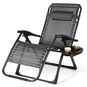 420 lbs zero gravity chair, 24.8” oversize width folding lounge reclining deck chaise with adjustable headrest pillows, cup holder tray and carry rope for lawn poolside backyard patio, beach camping