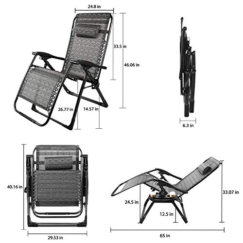 420 Lbs Zero Gravity Chair, 24.8'' Oversize Width Folding Lounge Reclining Deck Chaise with Adjustable Headrest Pillows, Cup Holder Tray and Carry Rope for Lawn Poolside Backyard Patio, Beach Camping