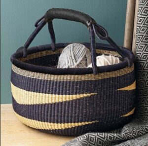 large african basket | round bolga basket | ghana basket | plant pot| shopper or market basket | picnic | woven basket | toy storage | magazine storage | colors: navy blue & tan (large: 14″-16)