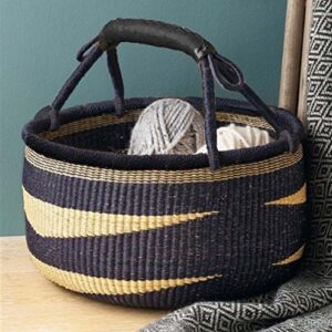 Large African Basket | Round Bolga Basket | Ghana Basket | Plant Pot| Shopper or Market Basket | Picnic | Woven Basket | Toy Storage | Magazine Storage | Colors: Navy Blue & Tan (Large: 14"-16)