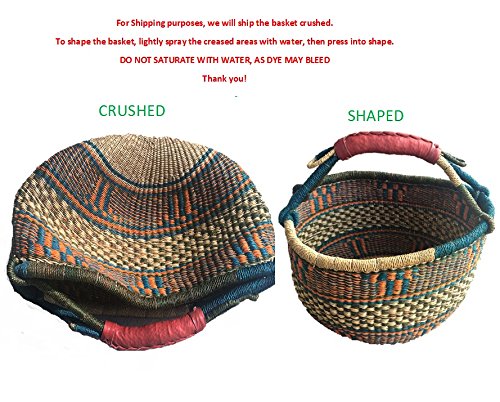 Large African Basket | Round Bolga Basket | Ghana Basket | Plant Pot| Shopper or Market Basket | Picnic | Woven Basket | Toy Storage | Magazine Storage | Colors: Navy Blue & Tan (Large: 14"-16)