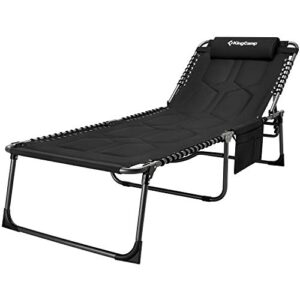 kingcamp padded oversized lounge chair, folding outdoor chaise lounge chair with 5-position adjustable, camping cot for beach, patio, garden, pool, sunbathing with pillow side pocket,support 300 lbs