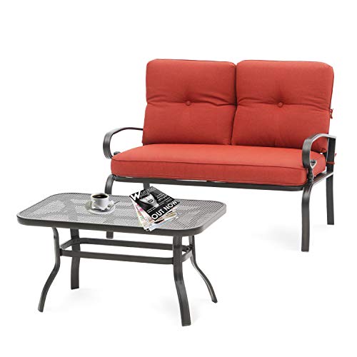 Oakmont Outdoor 2 Pcs Patio Loveseat Bench with Thick Cushions Coffee Table Metal Furniture Set Sofa, Wrought Iron Look(Red)