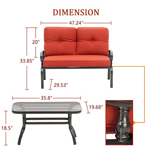 Oakmont Outdoor 2 Pcs Patio Loveseat Bench with Thick Cushions Coffee Table Metal Furniture Set Sofa, Wrought Iron Look(Red)