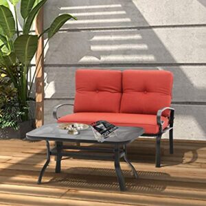 Oakmont Outdoor 2 Pcs Patio Loveseat Bench with Thick Cushions Coffee Table Metal Furniture Set Sofa, Wrought Iron Look(Red)