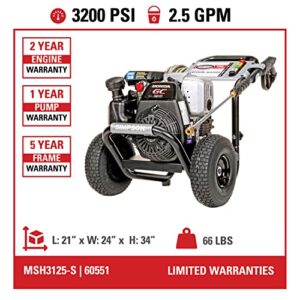 SIMPSON Cleaning MSH3125 MegaShot 3200 PSI Gas Pressure Washer, 2.5 GPM, Honda GC190 Engine, Includes Spray Gun and Extension Wand, 5 QC Nozzle Tips, 1/4-in. x 25-ft. MorFlex Hose, (49-State), Black