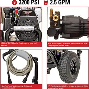 SIMPSON Cleaning MSH3125 MegaShot 3200 PSI Gas Pressure Washer, 2.5 GPM, Honda GC190 Engine, Includes Spray Gun and Extension Wand, 5 QC Nozzle Tips, 1/4-in. x 25-ft. MorFlex Hose, (49-State), Black