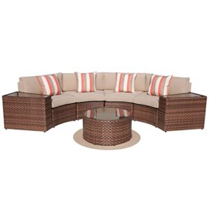 sunsitt outdoor 7-piece half-moon sectional furniture set with round coffee table, patio curved sofa set, beige cushion and brown wicker, incl. waterproof cover
