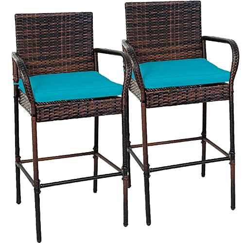 Sundale Outdoor 2 Pieces Patio Bar Stools, All-Weather Wicker Bar Stools Rattan Chairs Set of 2, Counter Height Tall Chair with Arms, Turquoise Cushion, Patio Furniture - Steel, Brown