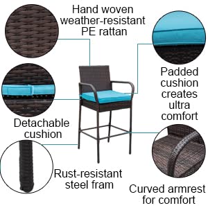 Sundale Outdoor 2 Pieces Patio Bar Stools, All-Weather Wicker Bar Stools Rattan Chairs Set of 2, Counter Height Tall Chair with Arms, Turquoise Cushion, Patio Furniture - Steel, Brown