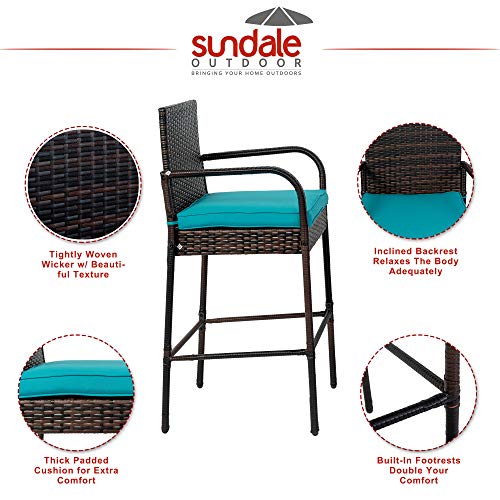 Sundale Outdoor 2 Pieces Patio Bar Stools, All-Weather Wicker Bar Stools Rattan Chairs Set of 2, Counter Height Tall Chair with Arms, Turquoise Cushion, Patio Furniture - Steel, Brown