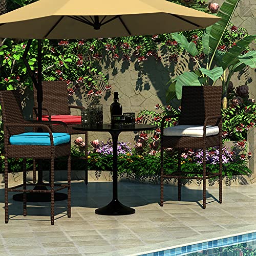 Sundale Outdoor 2 Pieces Patio Bar Stools, All-Weather Wicker Bar Stools Rattan Chairs Set of 2, Counter Height Tall Chair with Arms, Turquoise Cushion, Patio Furniture - Steel, Brown