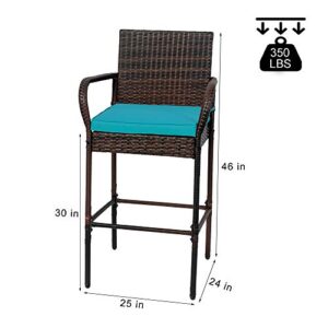 Sundale Outdoor 2 Pieces Patio Bar Stools, All-Weather Wicker Bar Stools Rattan Chairs Set of 2, Counter Height Tall Chair with Arms, Turquoise Cushion, Patio Furniture - Steel, Brown