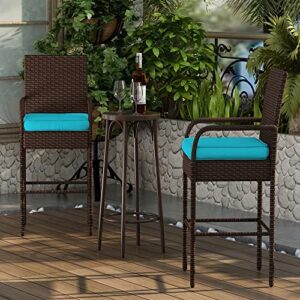 Sundale Outdoor 2 Pieces Patio Bar Stools, All-Weather Wicker Bar Stools Rattan Chairs Set of 2, Counter Height Tall Chair with Arms, Turquoise Cushion, Patio Furniture - Steel, Brown