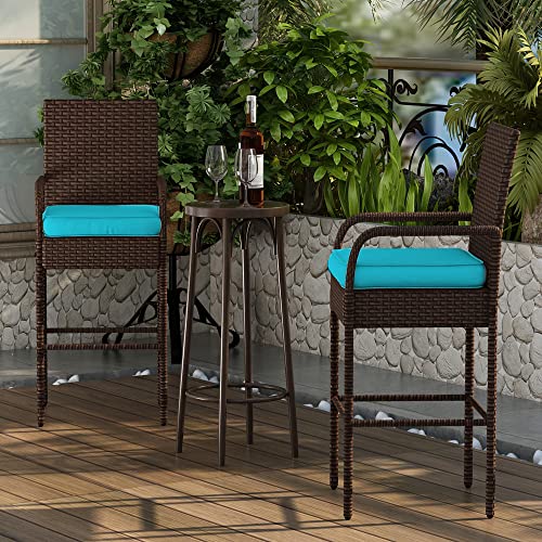 Sundale Outdoor 2 Pieces Patio Bar Stools, All-Weather Wicker Bar Stools Rattan Chairs Set of 2, Counter Height Tall Chair with Arms, Turquoise Cushion, Patio Furniture - Steel, Brown