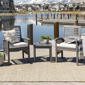 walker edison rendezvous modern 3 piece solid acacia wood slat back outdoor chair and side table set, set of 3, grey wash