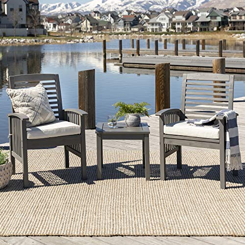 Walker Edison Rendezvous Modern 3 Piece Solid Acacia Wood Slat Back Outdoor Chair and Side Table Set, Set of 3, Grey Wash