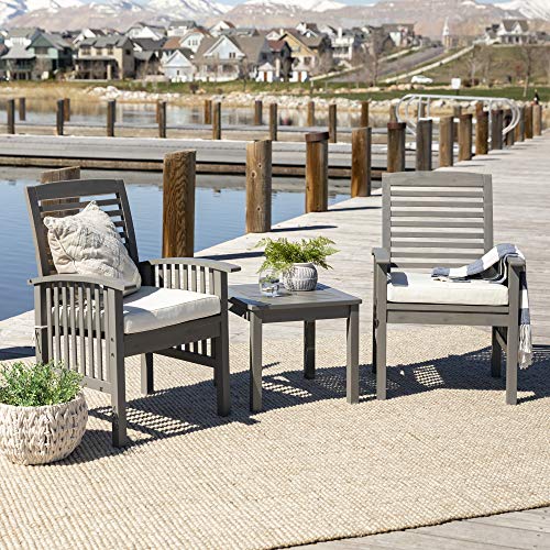 Walker Edison Rendezvous Modern 3 Piece Solid Acacia Wood Slat Back Outdoor Chair and Side Table Set, Set of 3, Grey Wash