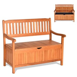 giantex patio bench with storage, outdoor deck box with seating for pool front porch garden lawn decor, dustproof liner wood storage loveseat, 800 lbs capacity, eucalyptus storage bench