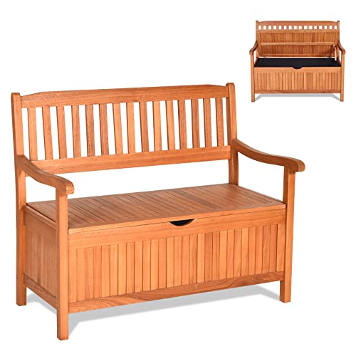 Giantex Patio Bench with Storage, Outdoor Deck Box with Seating for Pool Front Porch Garden Lawn Decor, Dustproof Liner Wood Storage Loveseat, 800 lbs Capacity, Eucalyptus Storage Bench