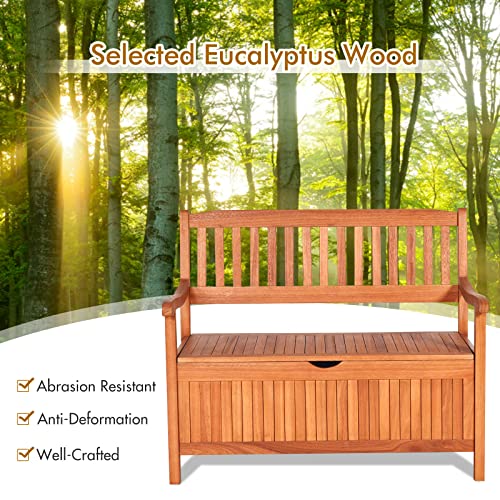 Giantex Patio Bench with Storage, Outdoor Deck Box with Seating for Pool Front Porch Garden Lawn Decor, Dustproof Liner Wood Storage Loveseat, 800 lbs Capacity, Eucalyptus Storage Bench