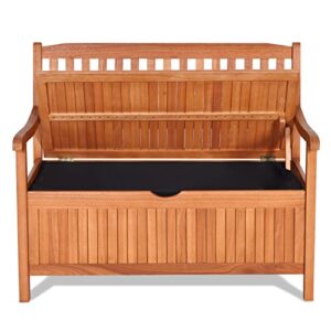 Giantex Patio Bench with Storage, Outdoor Deck Box with Seating for Pool Front Porch Garden Lawn Decor, Dustproof Liner Wood Storage Loveseat, 800 lbs Capacity, Eucalyptus Storage Bench