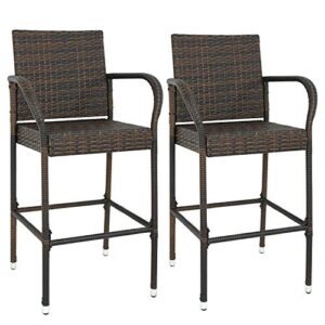 zenstyle set of 2 rattan style barstool brown wicker patio bar stool indoor outdoor with footrest & armrest